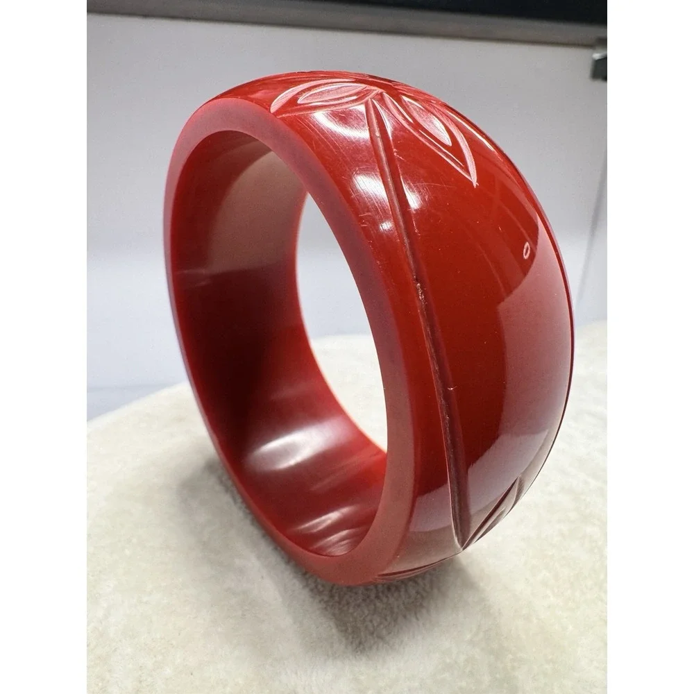 Vintage Carved Red Floral Bangle Bracelet Chunky Wide Domed Statement Jewelry